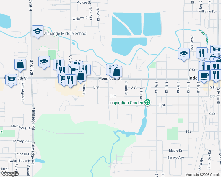 map of restaurants, bars, coffee shops, grocery stores, and more near 1050 E Street in Independence