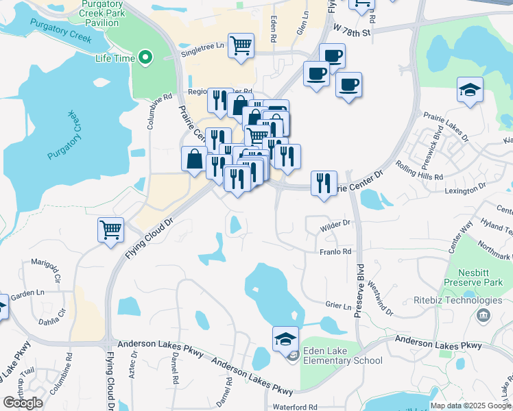 map of restaurants, bars, coffee shops, grocery stores, and more near 8470 Franlo Road in Eden Prairie