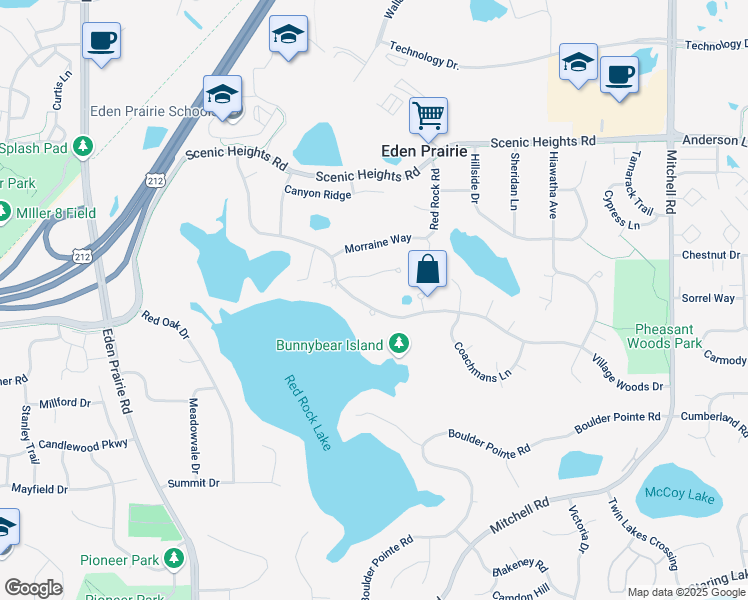 map of restaurants, bars, coffee shops, grocery stores, and more near 15441 Village Woods Drive in Eden Prairie