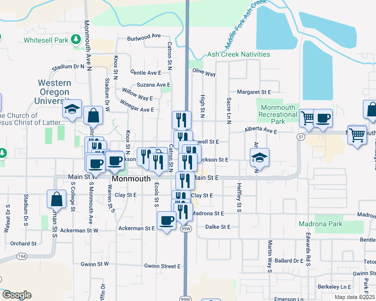 map of restaurants, bars, coffee shops, grocery stores, and more near 220 Pacific Avenue North in Monmouth