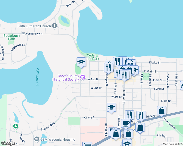 map of restaurants, bars, coffee shops, grocery stores, and more near 24 South Walnut Street in Waconia