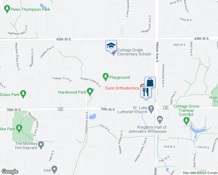 map of restaurants, bars, coffee shops, grocery stores, and more near 6778 Pine Crest Trail South in Cottage Grove