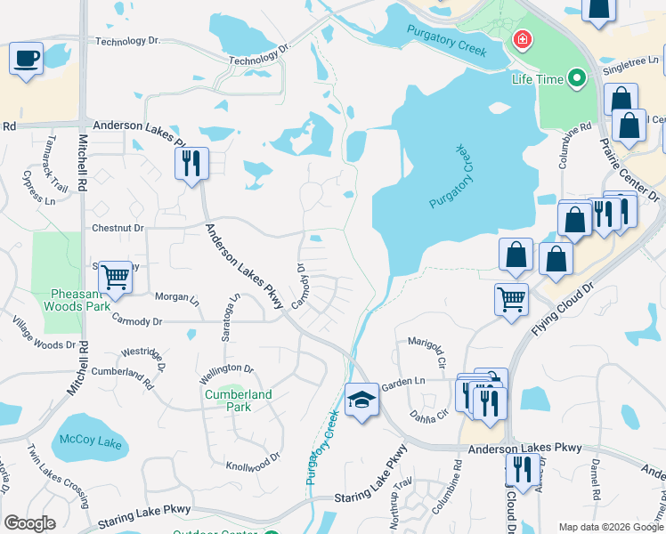 map of restaurants, bars, coffee shops, grocery stores, and more near 13533 Carmody Drive in Eden Prairie