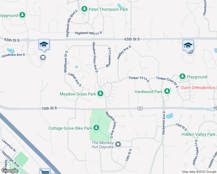 map of restaurants, bars, coffee shops, grocery stores, and more near 6810 Meadow Grass Lane South in Cottage Grove