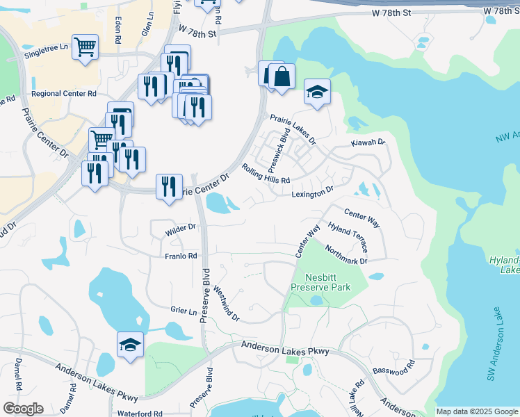 map of restaurants, bars, coffee shops, grocery stores, and more near 11223 Providence Lane in Eden Prairie