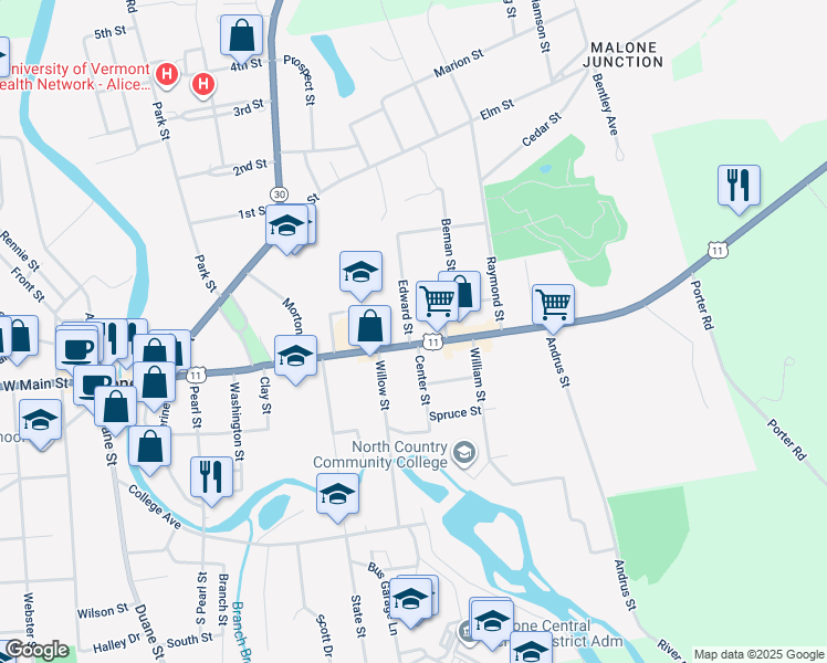 map of restaurants, bars, coffee shops, grocery stores, and more near 575 E Main St in Malone