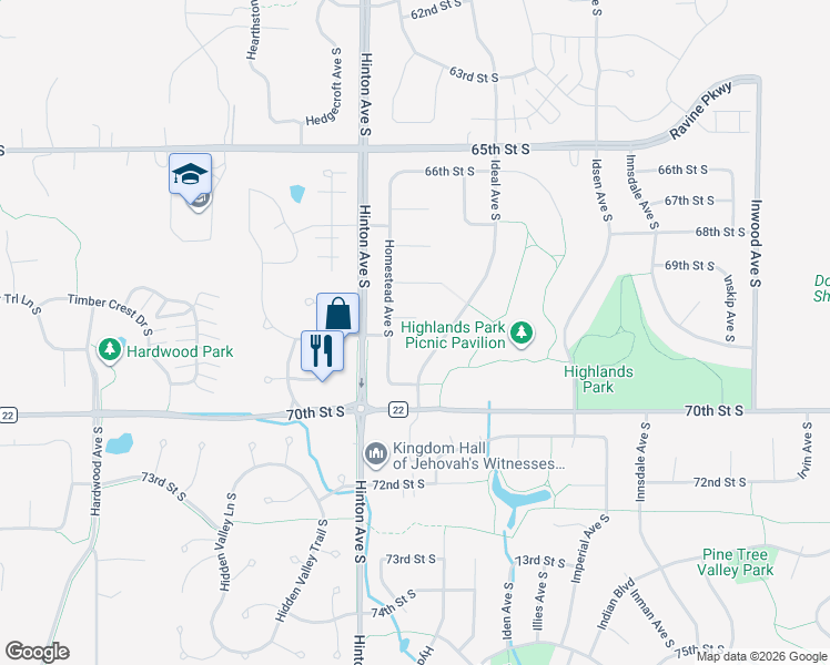 map of restaurants, bars, coffee shops, grocery stores, and more near 6907 Homestead Avenue South in Cottage Grove