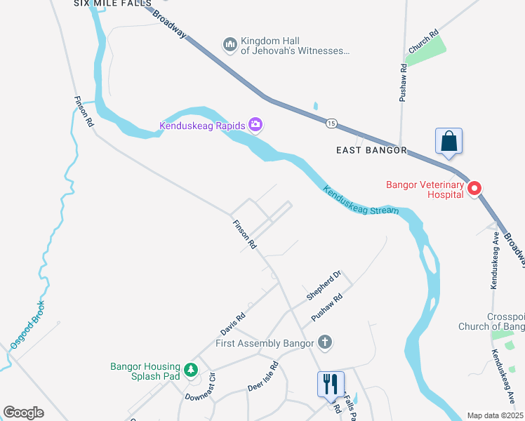 map of restaurants, bars, coffee shops, grocery stores, and more near Prays Mobile Home Park in Bangor