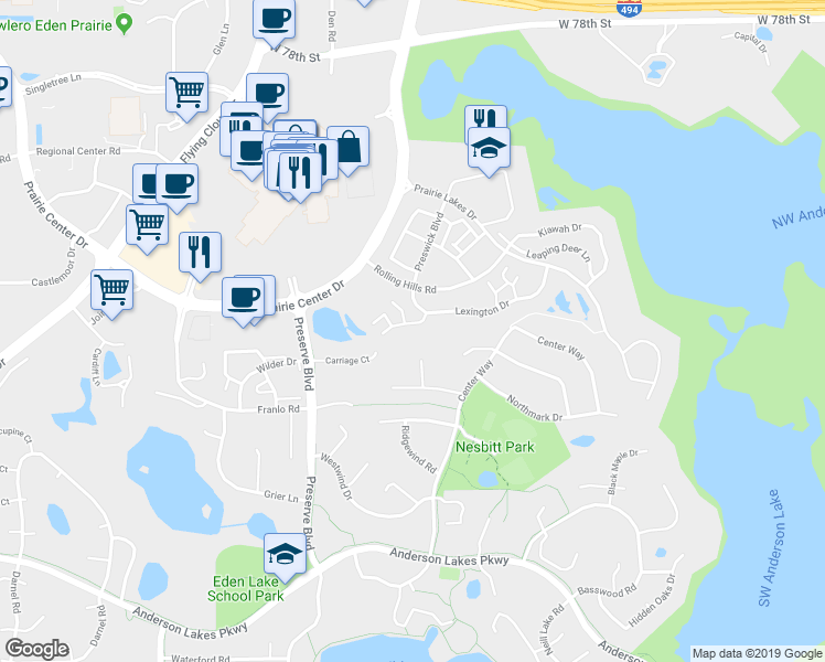 map of restaurants, bars, coffee shops, grocery stores, and more near 11223 Providence Lane in Eden Prairie