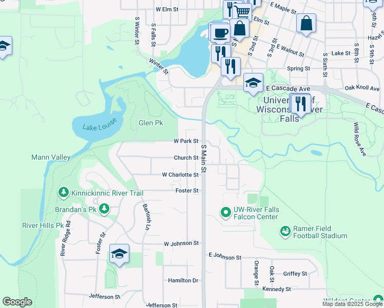 map of restaurants, bars, coffee shops, grocery stores, and more near 117 Church Street in River Falls