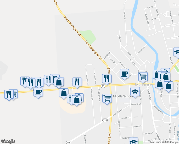 map of restaurants, bars, coffee shops, grocery stores, and more near 60 Sawyer Avenue in Malone
