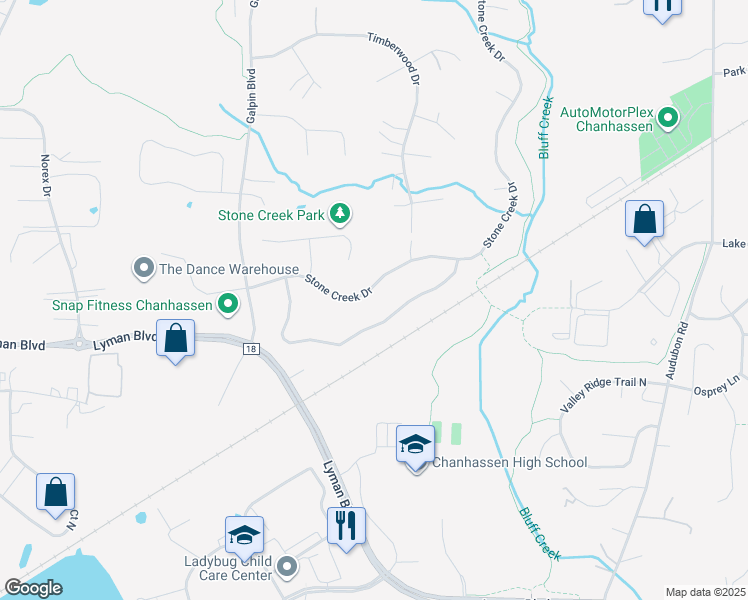 map of restaurants, bars, coffee shops, grocery stores, and more near 2162 Boulder Road in Chanhassen