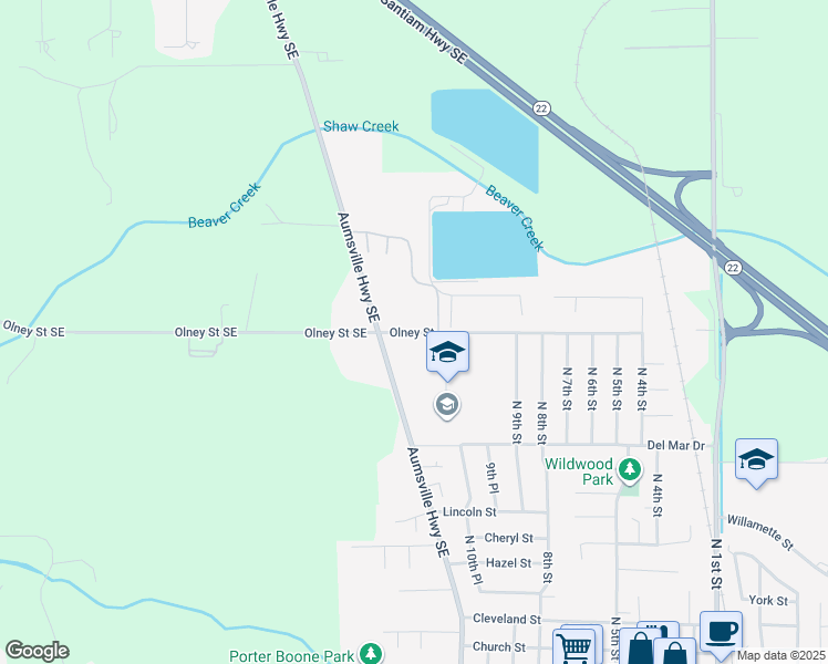 map of restaurants, bars, coffee shops, grocery stores, and more near 928 Olney Street in Aumsville