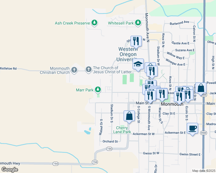 map of restaurants, bars, coffee shops, grocery stores, and more near 262 Stadium Drive North in Monmouth