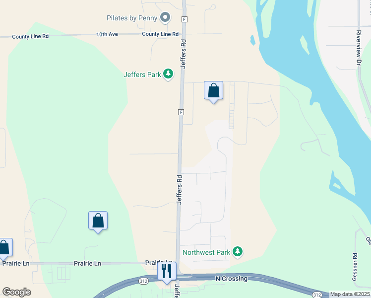 map of restaurants, bars, coffee shops, grocery stores, and more near 5227 Jeffers Road in Eau Claire