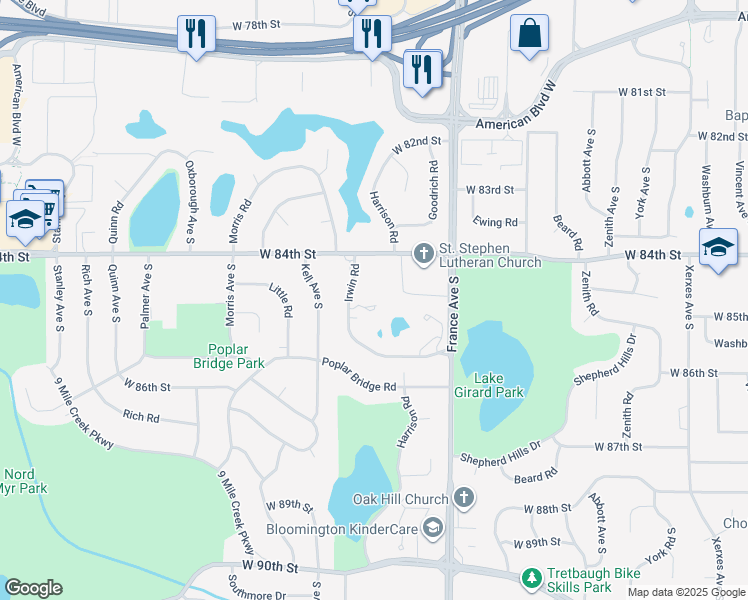 map of restaurants, bars, coffee shops, grocery stores, and more near 8433 Irwin Road in Minneapolis