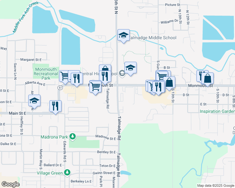 map of restaurants, bars, coffee shops, grocery stores, and more near 510 16th Street North in Monmouth