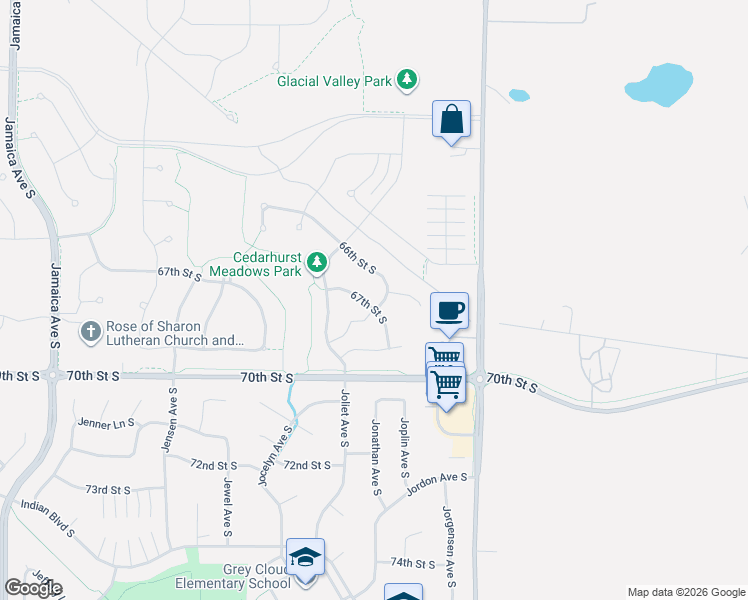 map of restaurants, bars, coffee shops, grocery stores, and more near 9779 67th Street South in Cottage Grove