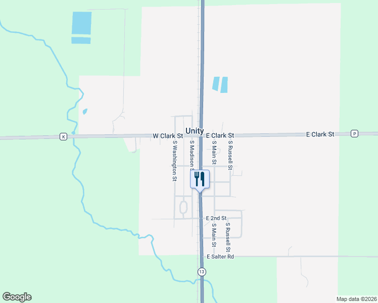 map of restaurants, bars, coffee shops, grocery stores, and more near 181 South Madison Street in Unity