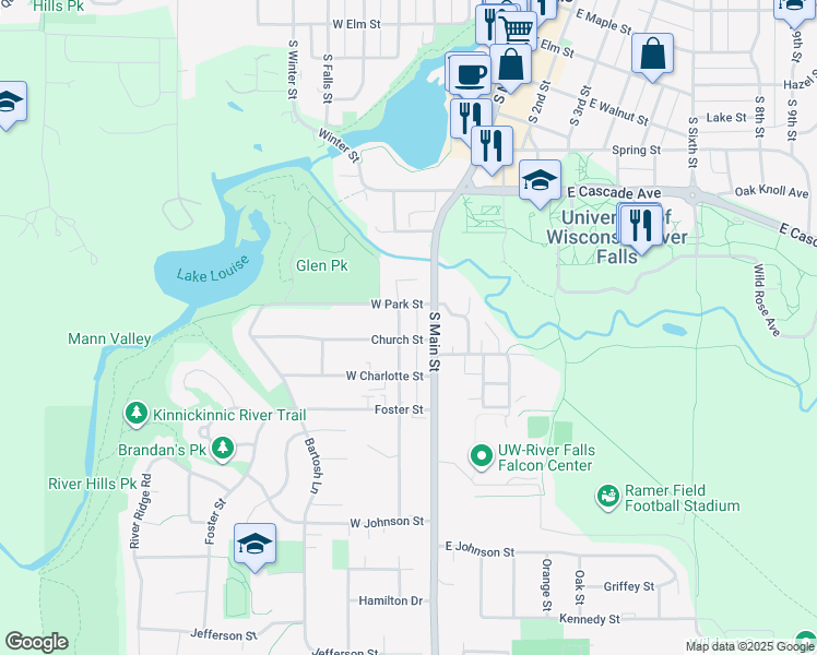map of restaurants, bars, coffee shops, grocery stores, and more near 803 State Street in River Falls