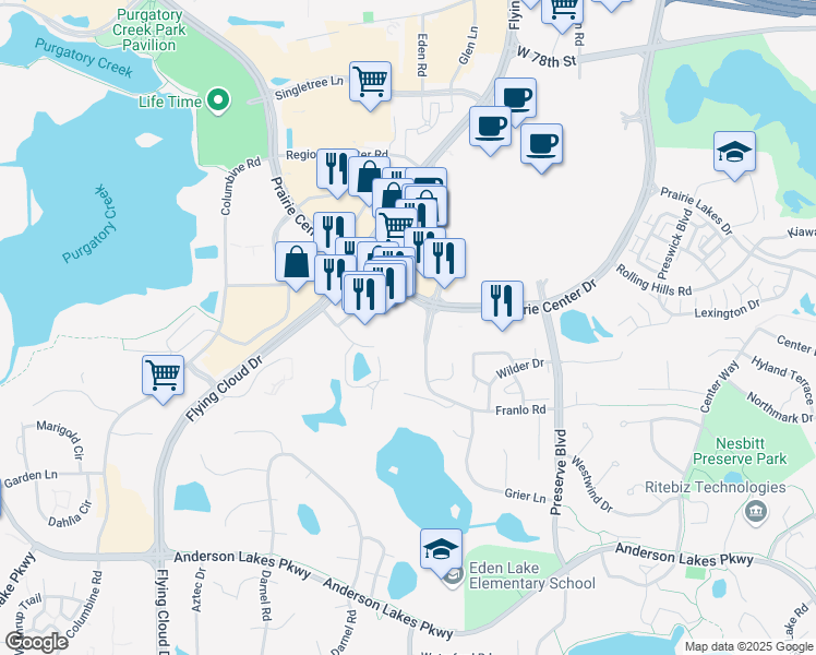 map of restaurants, bars, coffee shops, grocery stores, and more near 8470 Franlo Road in Eden Prairie