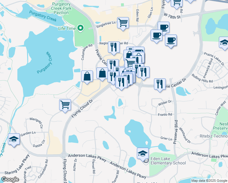 map of restaurants, bars, coffee shops, grocery stores, and more near Medcom Boulevard in Eden Prairie