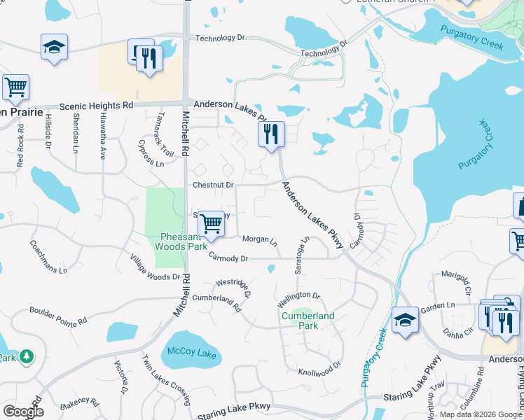 map of restaurants, bars, coffee shops, grocery stores, and more near 14017 Chestnut Drive in Eden Prairie