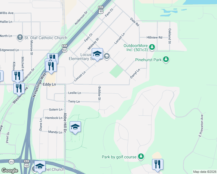 map of restaurants, bars, coffee shops, grocery stores, and more near 3326 Leslie Lane in Eau Claire