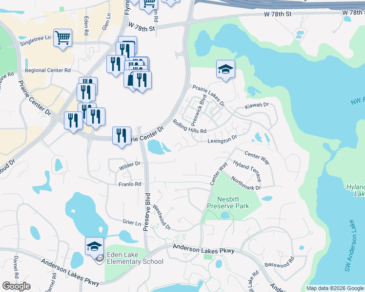 map of restaurants, bars, coffee shops, grocery stores, and more near 11260 Providence Lane in Eden Prairie