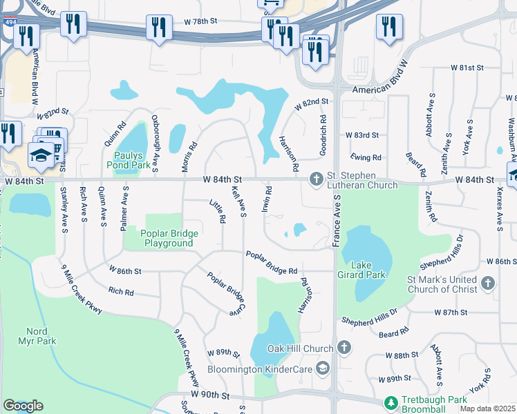 map of restaurants, bars, coffee shops, grocery stores, and more near 8443 Kell Avenue South in Minneapolis