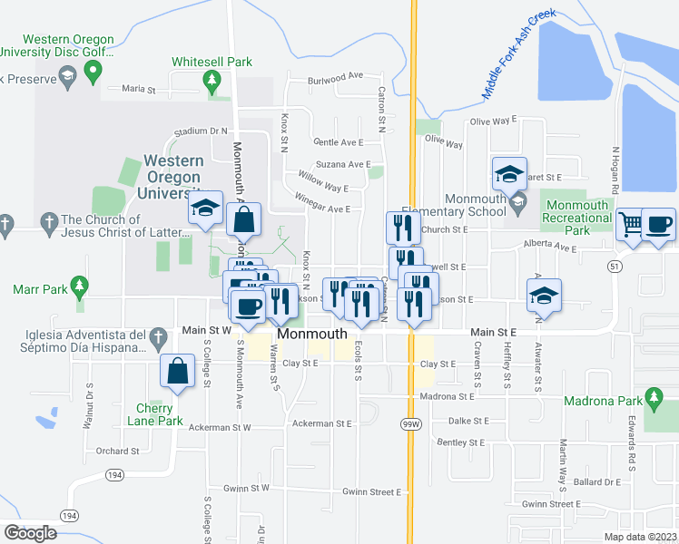 map of restaurants, bars, coffee shops, grocery stores, and more near 285 Broad Street North in Monmouth