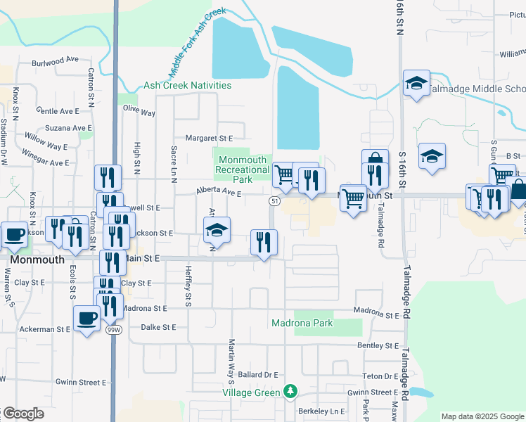 map of restaurants, bars, coffee shops, grocery stores, and more near 302 Monmouth Independence Highway in Monmouth