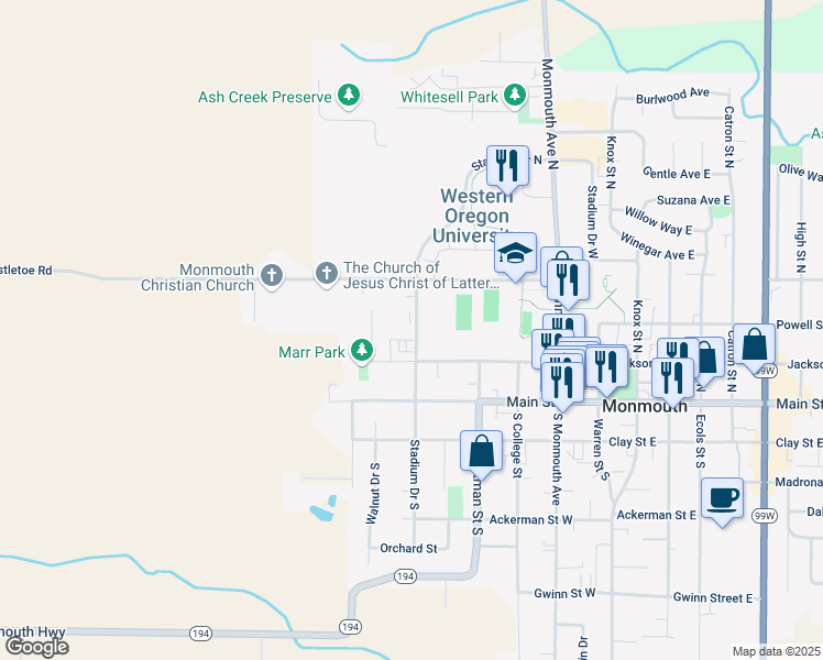 map of restaurants, bars, coffee shops, grocery stores, and more near 294 Stadium Drive North in Monmouth