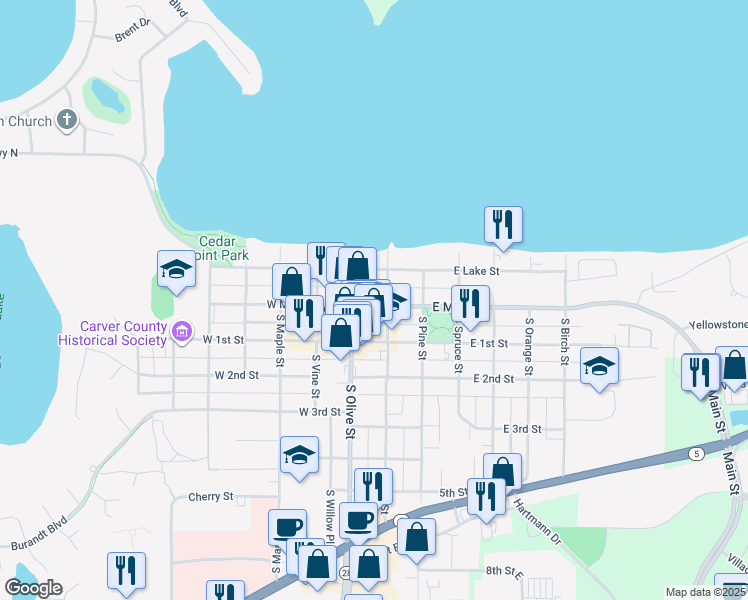 map of restaurants, bars, coffee shops, grocery stores, and more near 16 West Main Street in Waconia