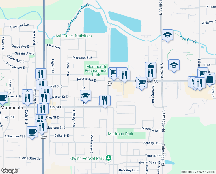 map of restaurants, bars, coffee shops, grocery stores, and more near 302 Monmouth Independence Hwy in Monmouth