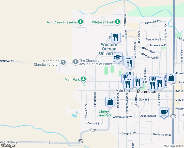 map of restaurants, bars, coffee shops, grocery stores, and more near 262 Stadium Drive North in Monmouth