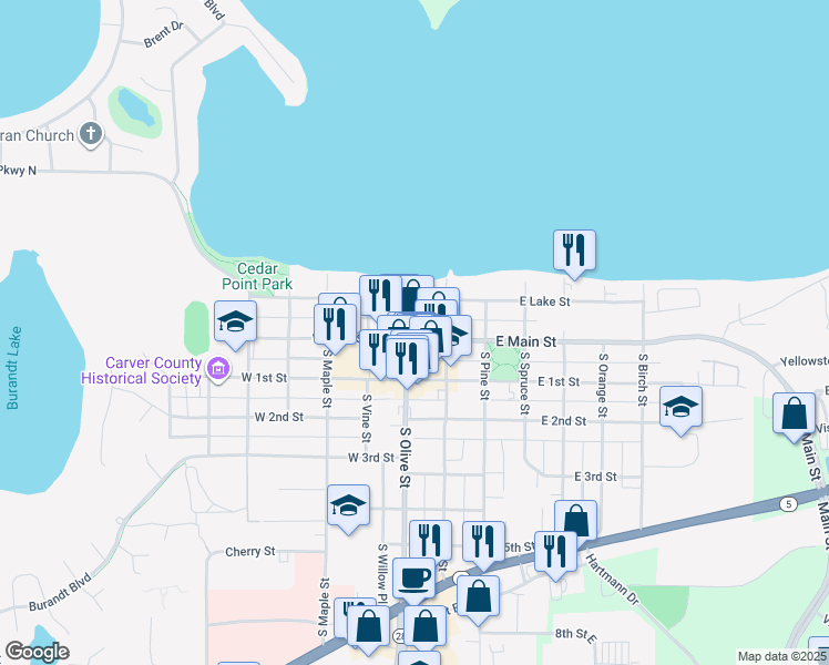 map of restaurants, bars, coffee shops, grocery stores, and more near 48 West Main Street in Waconia