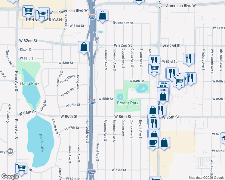 map of restaurants, bars, coffee shops, grocery stores, and more near 8445 Fremont Avenue South in Minneapolis