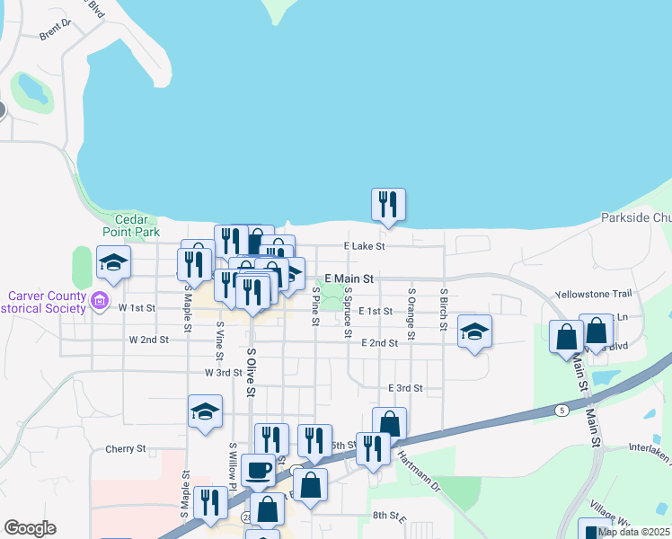 map of restaurants, bars, coffee shops, grocery stores, and more near 201 East Main Street in Waconia