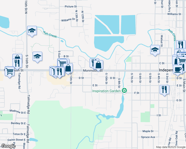 map of restaurants, bars, coffee shops, grocery stores, and more near 1143 D Street in Independence