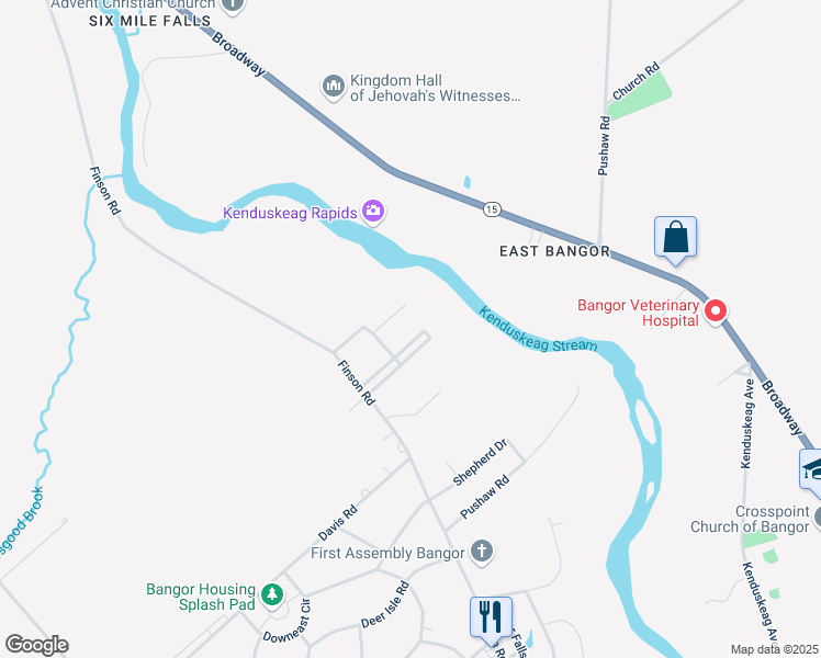 map of restaurants, bars, coffee shops, grocery stores, and more near Prays Mobile Home Park in Bangor