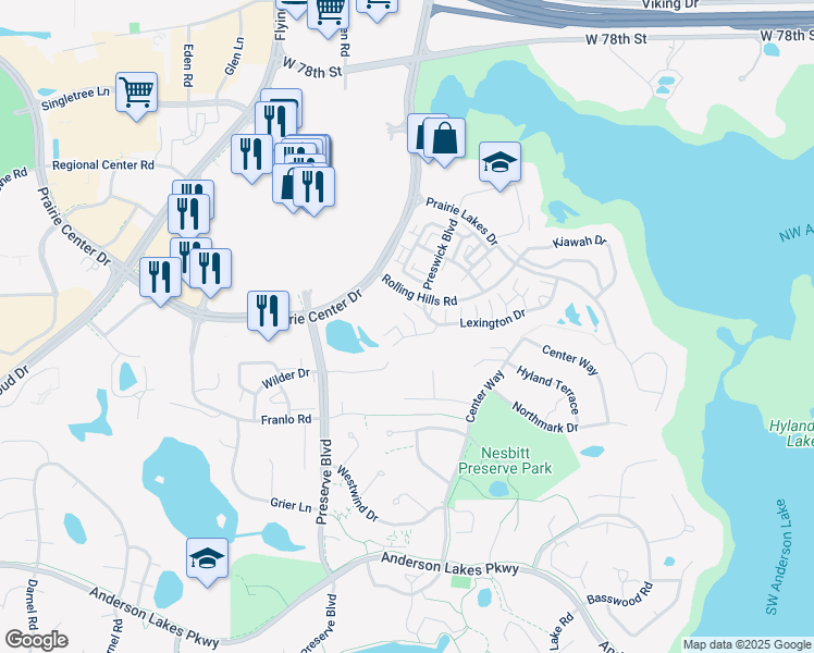 map of restaurants, bars, coffee shops, grocery stores, and more near 11223 Providence Lane in Eden Prairie