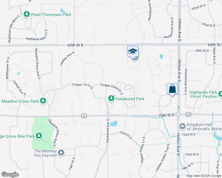 map of restaurants, bars, coffee shops, grocery stores, and more near 7244 Timber TR Lane South in Cottage Grove