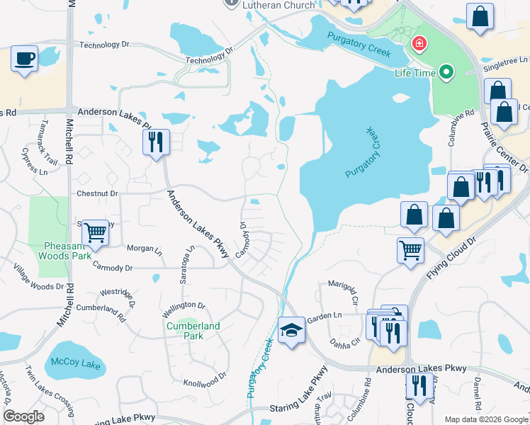 map of restaurants, bars, coffee shops, grocery stores, and more near 13533 Carmody Drive in Eden Prairie