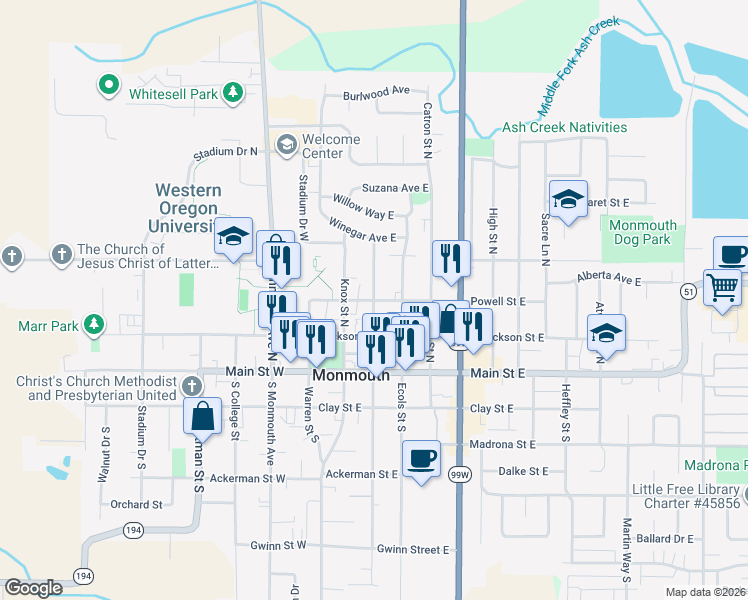 map of restaurants, bars, coffee shops, grocery stores, and more near 301 Broad Street North in Monmouth