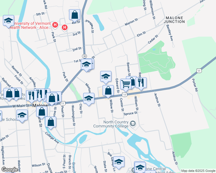 map of restaurants, bars, coffee shops, grocery stores, and more near 36 Edward Street in Malone