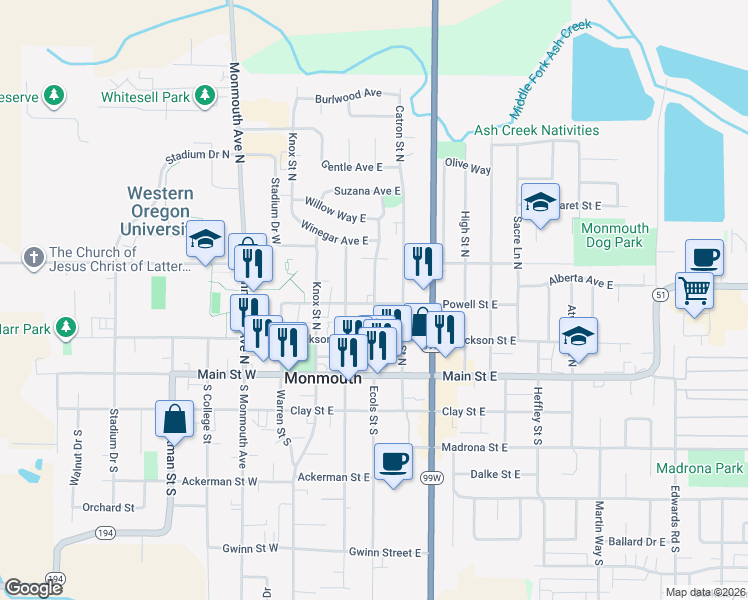 map of restaurants, bars, coffee shops, grocery stores, and more near 351 Broad Street North in Monmouth