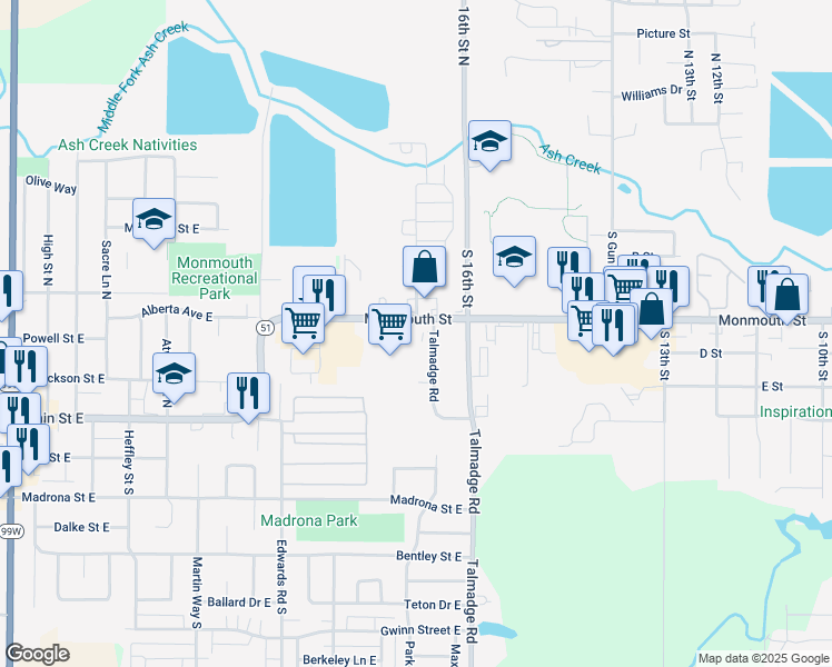 map of restaurants, bars, coffee shops, grocery stores, and more near 1650 Monmouth Independence Highway in Independence