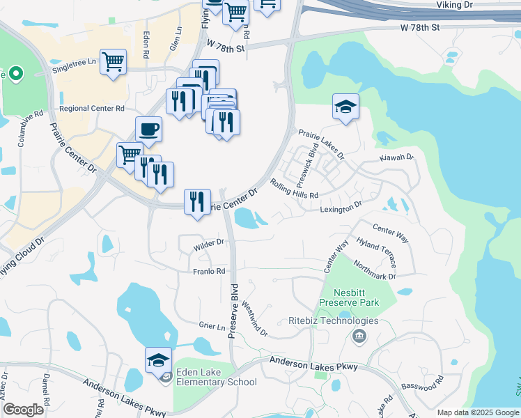 map of restaurants, bars, coffee shops, grocery stores, and more near 431 Prairie Center Drive in Eden Prairie