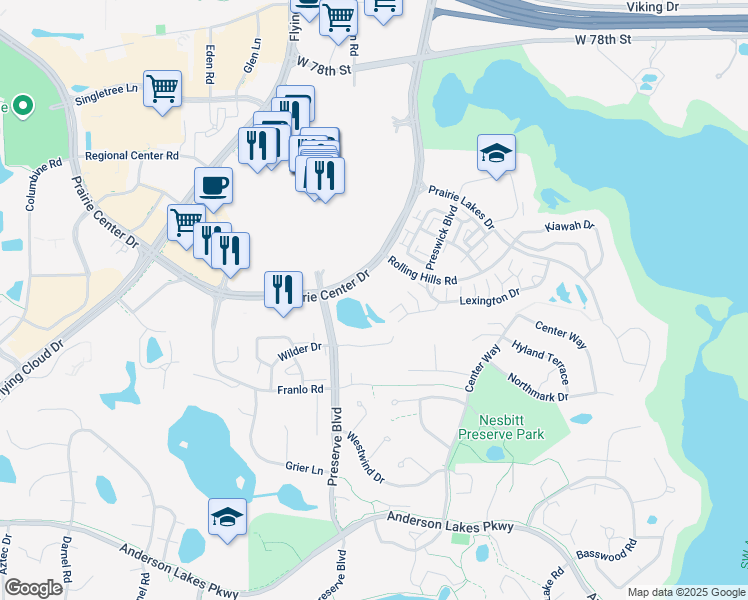 map of restaurants, bars, coffee shops, grocery stores, and more near 431 Prairie Center Drive in Eden Prairie
